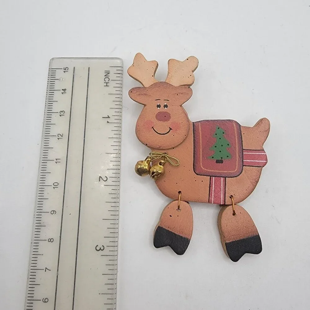 Fun Comical Articulated Legs‎ Reindeer Christmas Bells Pin Brooch Wood